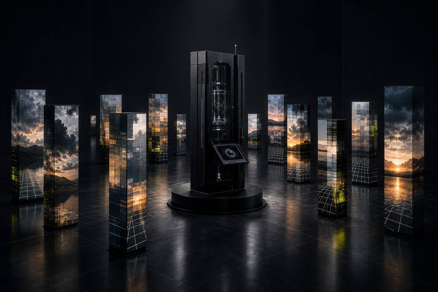 Dark gallery room render with the First Body at center and thirteen six-foot rectangular LED pillars arranged around it.
