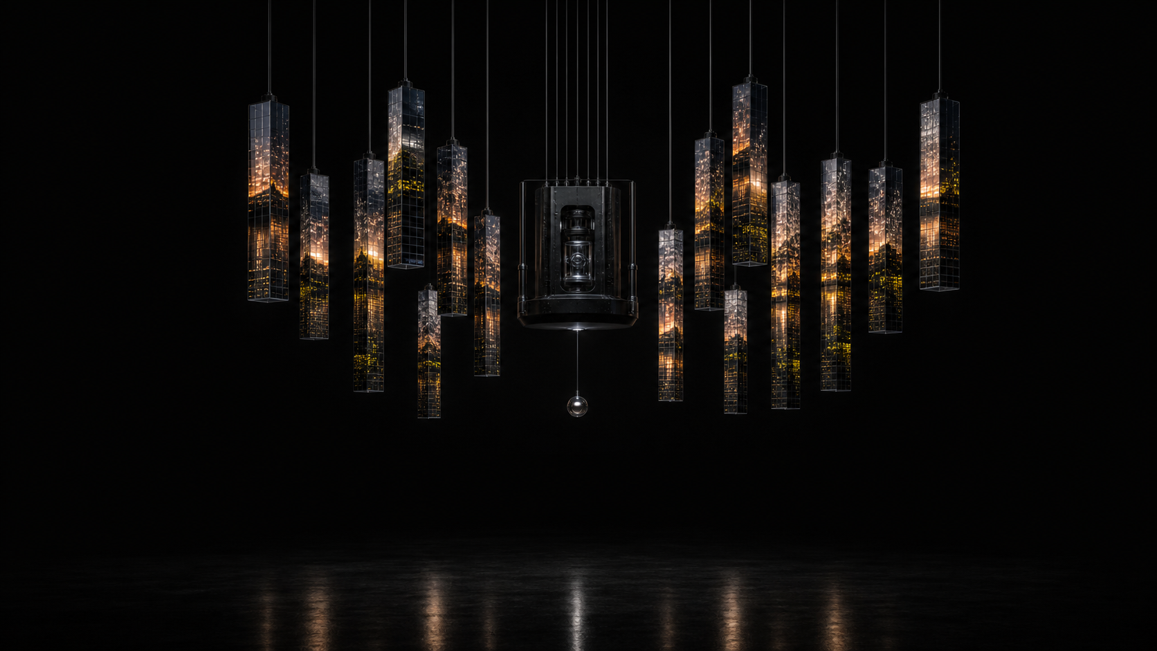 Dark gallery render with a suspended First Body and thirteen hanging rectangular LED pillars arranged around it, with open clearance below.