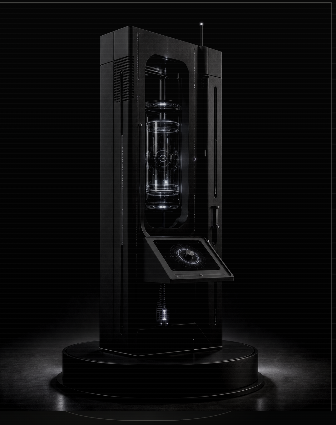 Dark monolithic First Body sculpture with a suspended glass chamber, contact surface, antenna, and circular base.