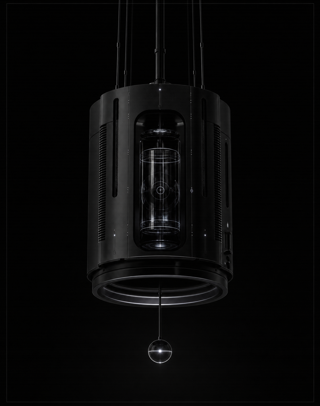 Dark suspended First Body sculpture with a compact glass chamber, signal core, black housing, and hanging sensor.